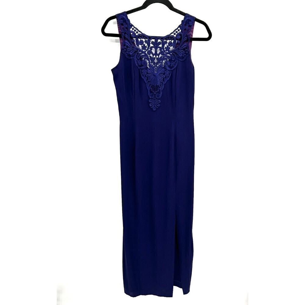 SCOTT MCCLINTOCK Vintage Royal Blue Lace Crochet Neck Sleeveless Gown Dress 12